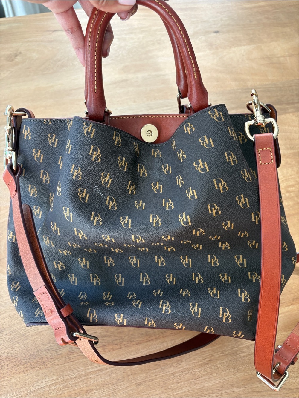 Dooney & Bourke Brown Monogram Tote with Reddish-Brown Trim